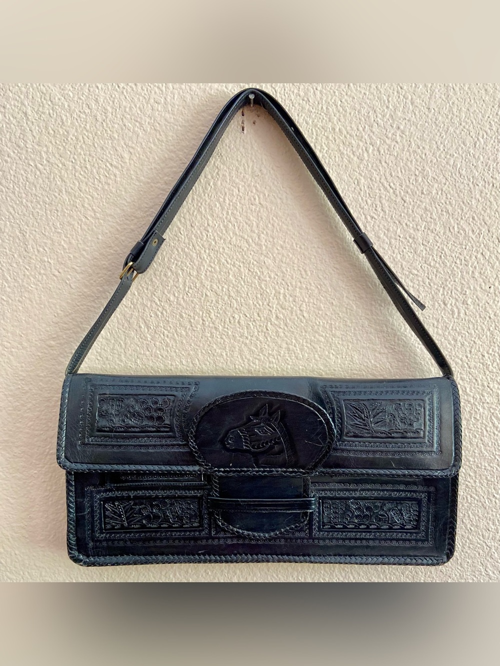 Shoulder Bag / Purse - Vtg. - Embossed / Tooled - Black Leather - Horse & Floral